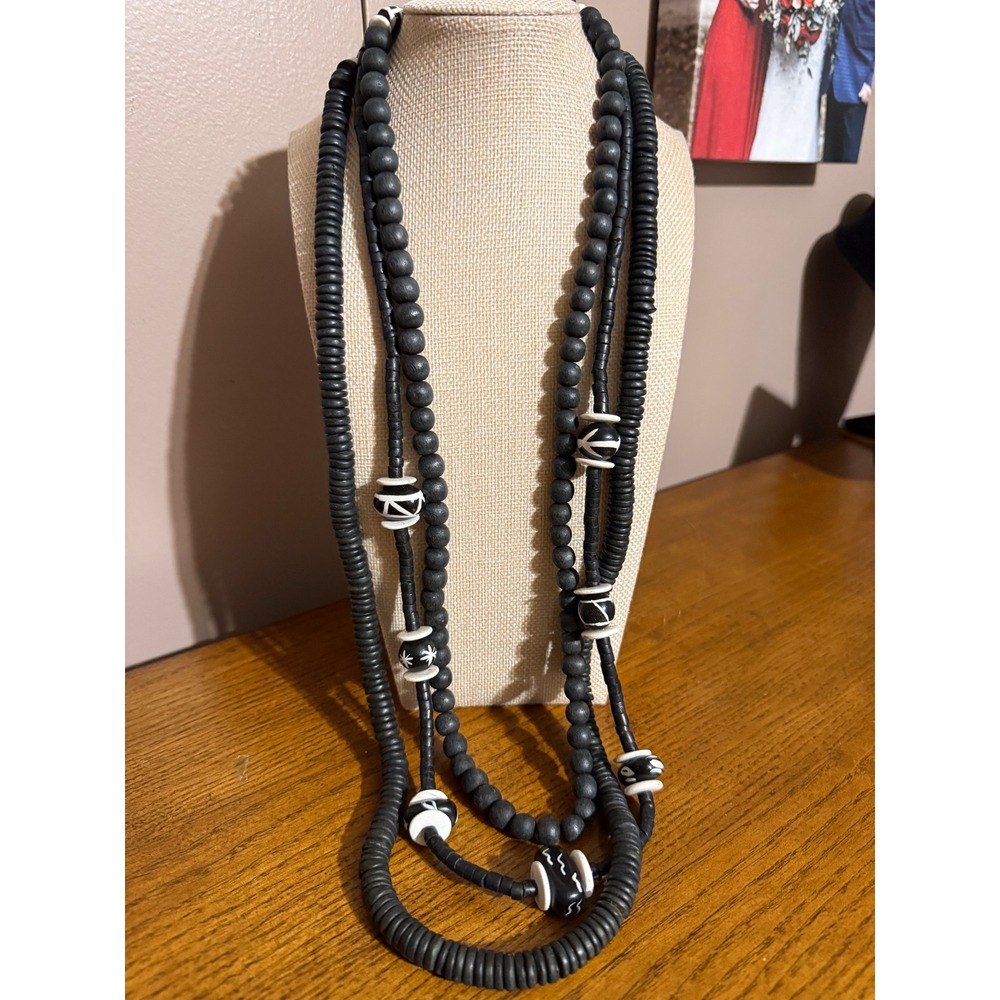Bohemian Multi Strand Black Wood Bead Tribal Statement Necklace